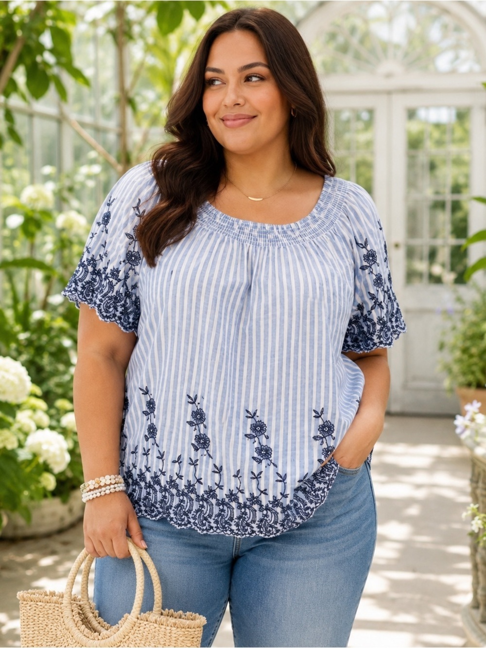 Fever Blue White Embroidered Stripe Peasant Top 1X Cotton Boho